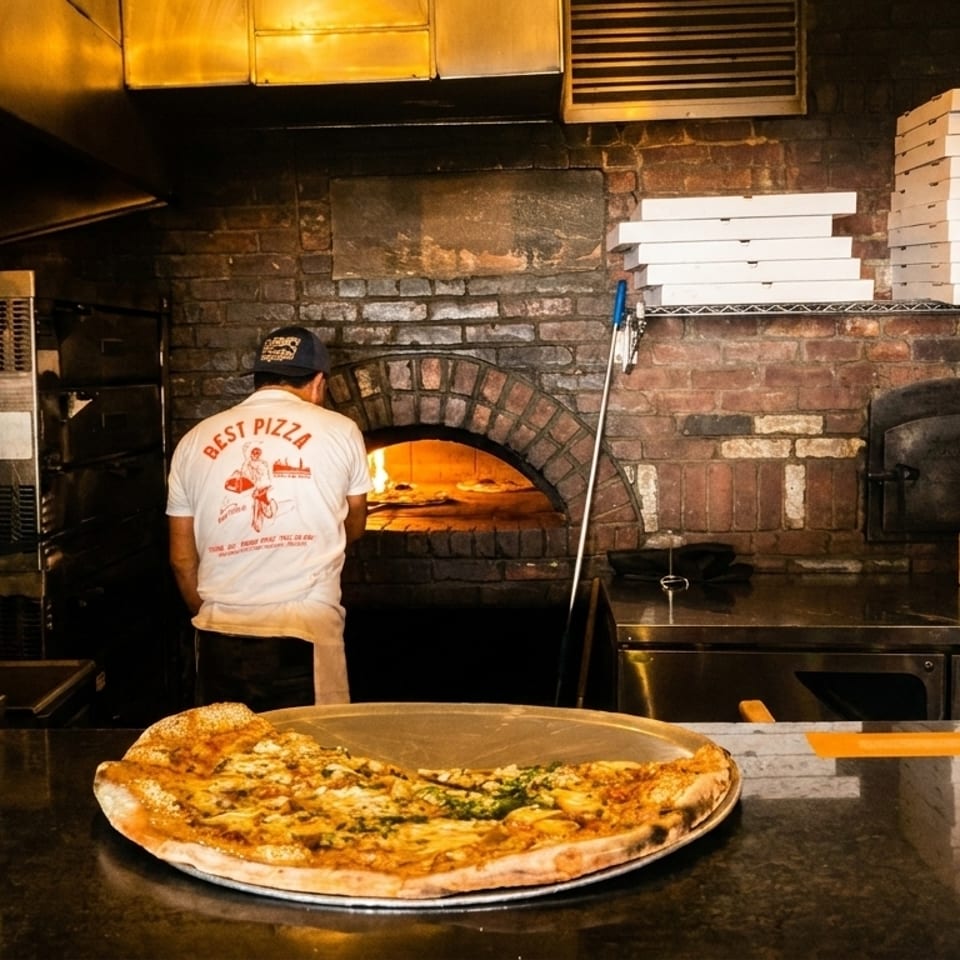 A pizza chef in a "Best Pizza" shirt works at a brick oven, with pizzas on the counter.