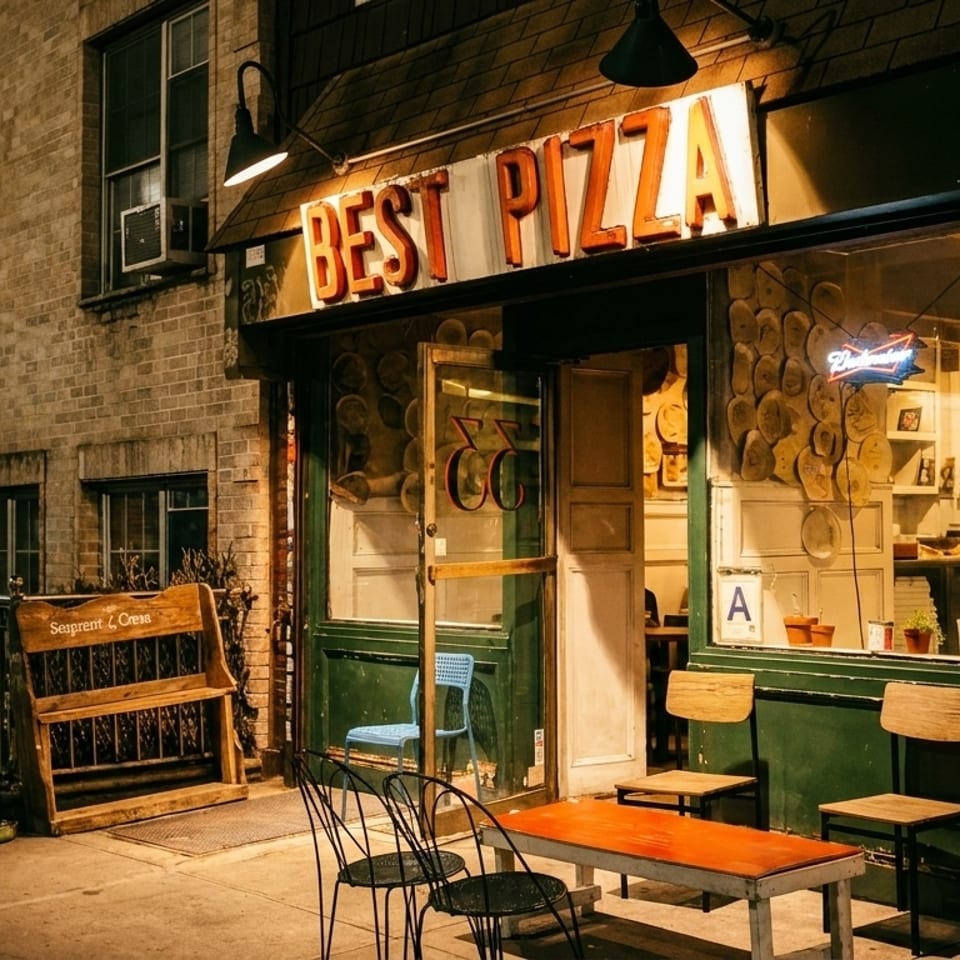 Night view of a pizza shop with a glowing "BEST PIZZA" sign and outdoor seating.