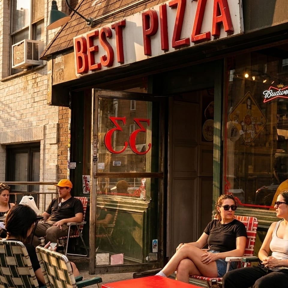 People relaxing on outdoor chairs in front of a pizza shop with a "Best Pizza" sign.