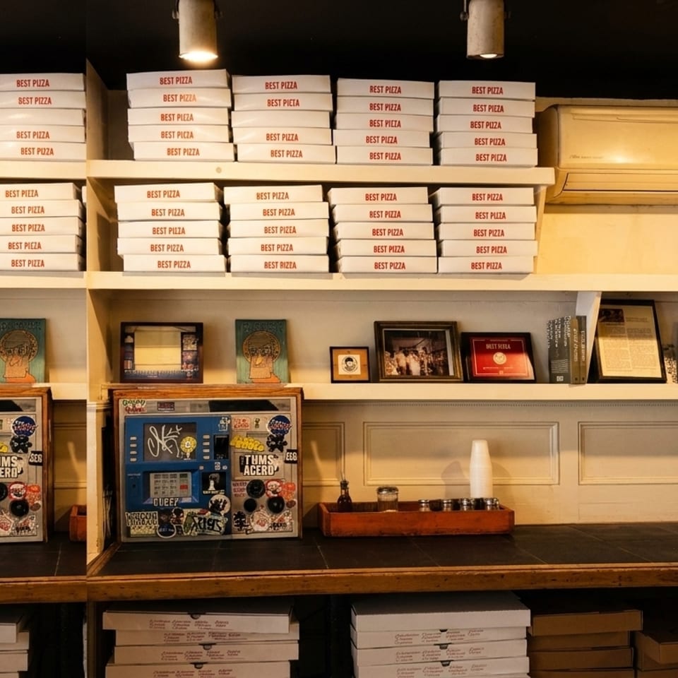 Shelves filled with stacks of "Best Pizza" boxes, books, and decorative items above a counter.